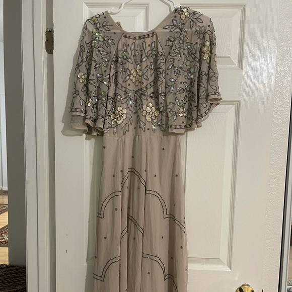 ASOS Maxi Dress Tan Beaded Chiffon Web Sleeve